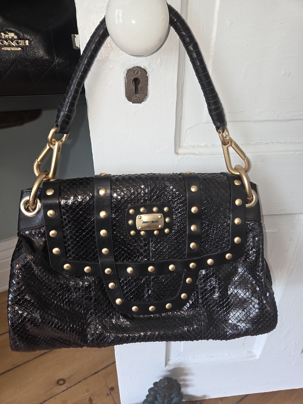 Jimmy Choo Black Studded Python  Shoulder Bag